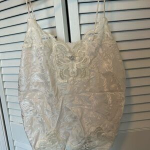 Lace Trim Satin Chemise Slip in Ivory